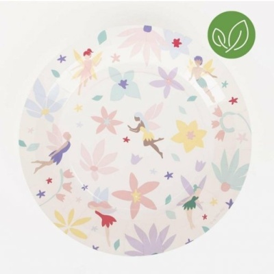 Prato redondo com flores e fadas coloridas