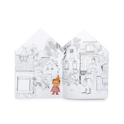 Livro infantil em forma de casinha com desenhos de edifícios e animais