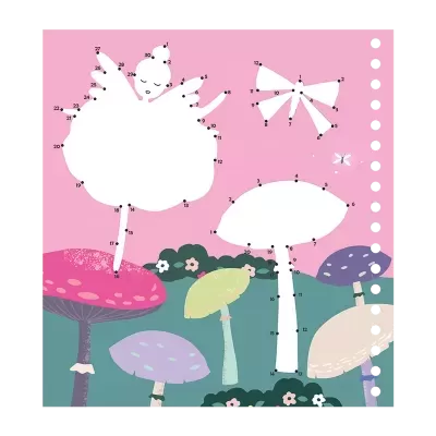 Desenho pontilhado para unir de bailarina, laço e cogumelos coloridos em fundo cor-de-rosa e verde