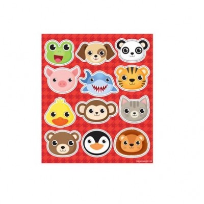 Folha vermelha com 12 autocolantes de cabeça de animais cartoon coloridos