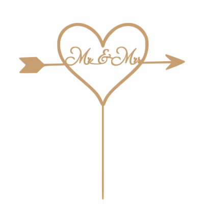 Topper de bolo dourado com coração e seta com texto 'Mr & Mr'