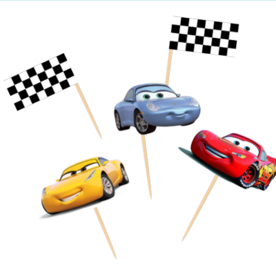 Toppers para bolos com personagens de carros animados coloridos e bandeiras de corrida