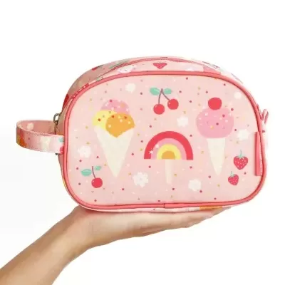 Bolsa rosa com padrões de gelados, cerejas e morangos
