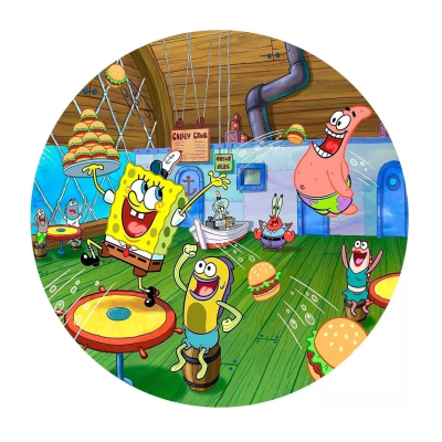 Personagens de Bob Esponja no Crustáceo Cascarudo com hambúrgueres e mesas verdes