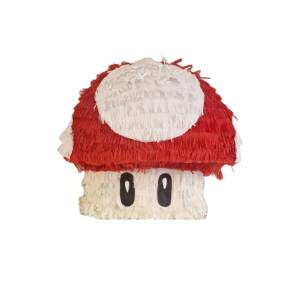 Piñata em forma de cogumelo vermelho e branco com olhos pretos, feita de papel frisado.