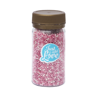 Frasco transparente com pérolas decorativas rosa e branca e etiqueta Just add Love