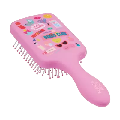 Escova de cabelo cor-de-rosa com desenhos coloridos e texto Girls Club