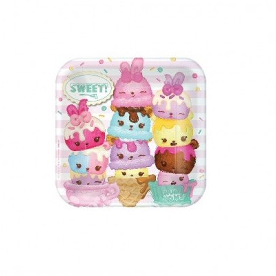 Prato quadrado colorido com gelados desenhados e texto SWEETY