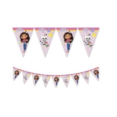 Bandeirola de festa com imagens caricatas de menina e cavalo em fundo lilás.