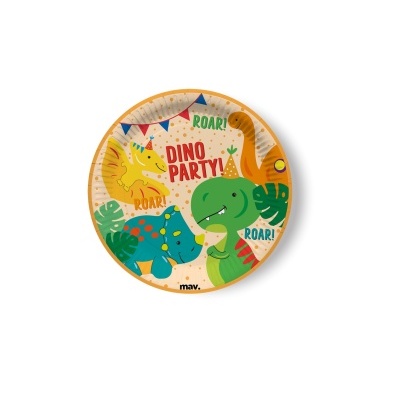 Prato de papel com tema de festa de dinossauros coloridos e textos 'DINO PARTY!' e 'ROAR!'.