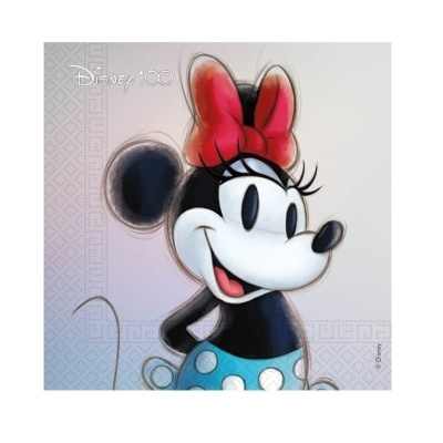 Guardanapo de papel com estampa da Minnie Mouse e texto Disney 100