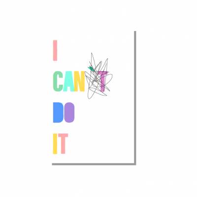 Cartaz branco com texto colorido e risco preto à mão livre