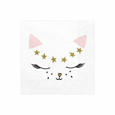 Guardanapo de papel branco com ilustração de rosto de gato com olhos fechados e coroa de estrelas douradas