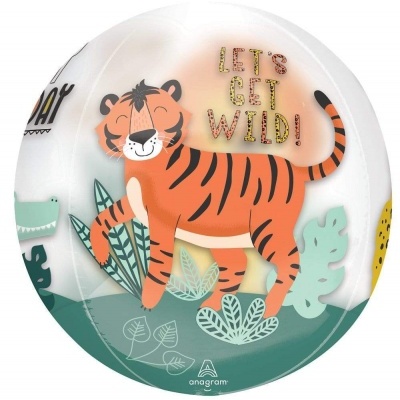 balão redondo com imagem de tigre e texto 'LET'S GET WILD!'