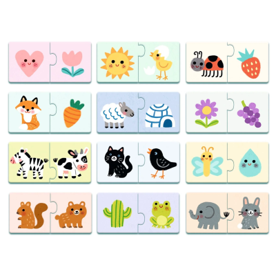 Peças coloridas de puzzle com desenhos infantis de animais e objetos