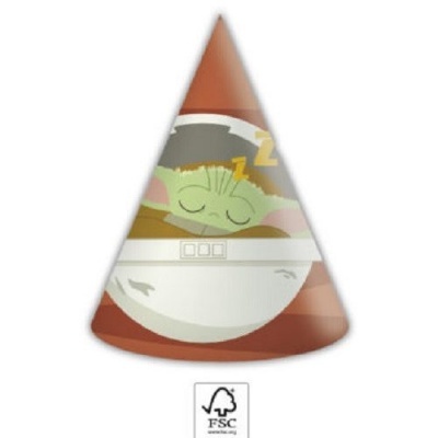 Cone de papel castanho com desenho de personagem verde a dormir e símbolo FSC