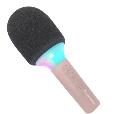 Microfone rosa claro com espuma preta e luzes LED coloridas