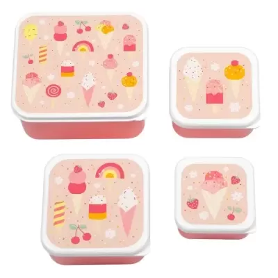 Conjunto de caixas de armazenamento quadradas com tampas decoradas com gelados e frutas