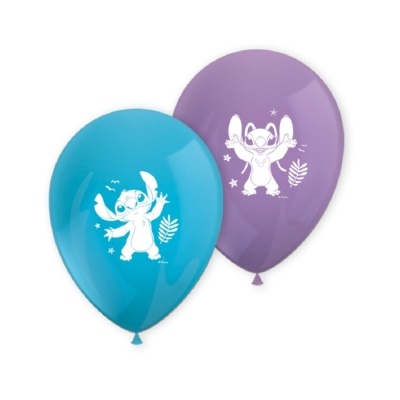 Dois balões, um azul e um roxo, com estampa branca de personagem Stitch