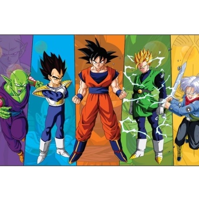 Personagens de Dragon Ball em pose, com trajes coloridos e fundos em cores sólidas.