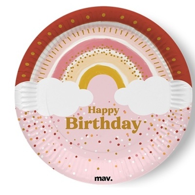 Prato descartável de papel com design de arco-íris e texto Happy Birthday.