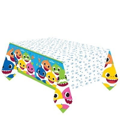 Toalha de mesa Baby Shark com tubarões coloridos e bolhas azuis