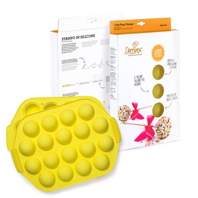 Forma de silicone amarela para cake pops com 20 cavidades, exposição com embalagem branca e laranja da marca Decora
