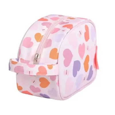 Necessaire rosa com padrão de corações coloridos e fecho de correr