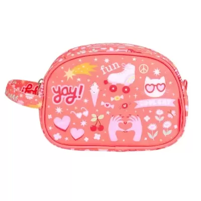 Necessaire coral com desenhos coloridos e textos divertidos em padrão