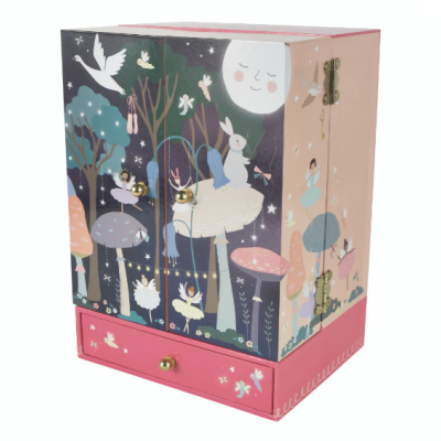 Caixa de joias colorida com ilustração de fadas e animais em floresta à noite