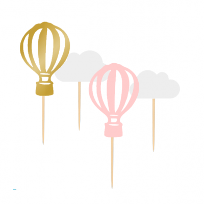 Toppers para bolos em forma de balões de ar quente dourado e rosa, e nuvens cinzentas com hastes de madeira