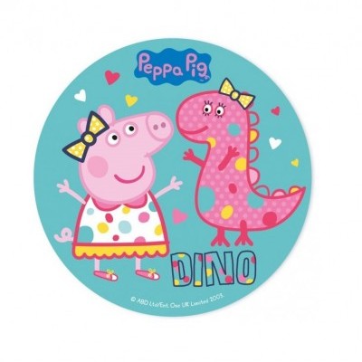 Etiqueta Peppa Pig com personagem e dinossauro rosa e texto DINO