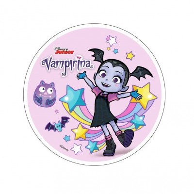 Imagem redonda com personagem Vampirina da Disney Junior e estrelas coloridas