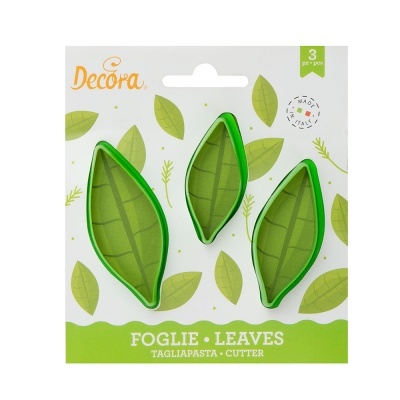 Conjunto de 3 cortadores de massa em forma de folhas verdes em embalagem decorativa