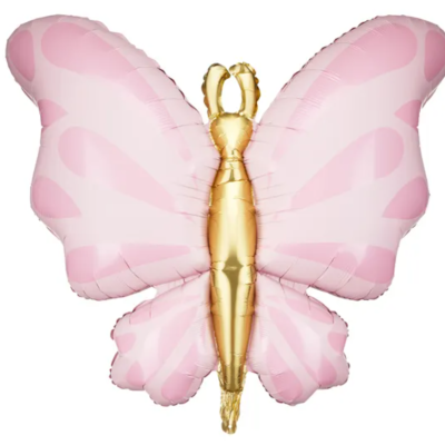 Balão em forma de borboleta rosa com corpo dourado