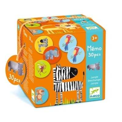 Caixa de jogo de memória DJECO com imagens de animais da selva em fundo laranja.