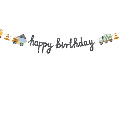 Guirlanda de aniversário com letras e camiões de construção