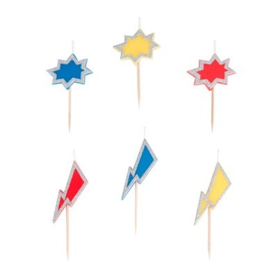 Velas decorativas em forma de estrelas e raios, azul, amarelo e vermelho com contorno prateado