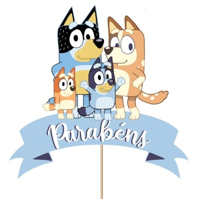 Decoração com personagens caninos animados e a palavra Parabéns