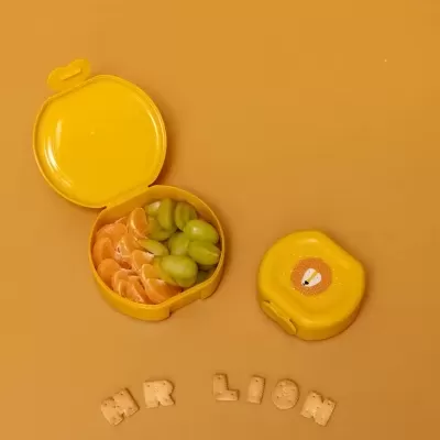 Caixa amarela em forma de maçã com frutas e bolachas formando MR LION
