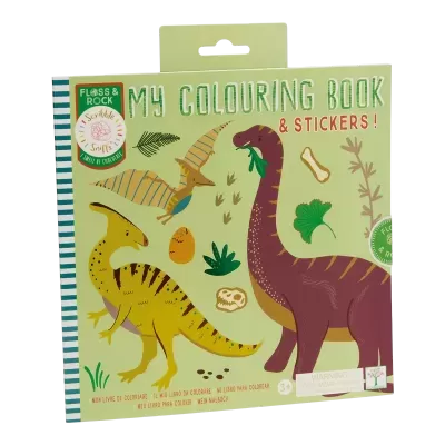 Livro para colorir com autocolantes, capa verde clara com dinossauros ilustrados e texto MY COLOURING BOOK & STICKERS!