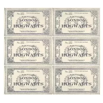 Seis bilhetes estilo vintage com texto LONDON TO HOGWARTS