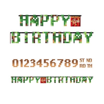 Letras e números decorativos de 'HAPPY BIRTHDAY' em padrão camuflado com sufixos e cubo decorativo