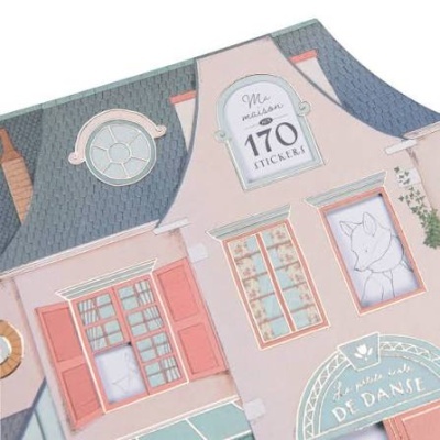 Ilustração de casa com janelas rosas e textos Ma maison 170 STICKERS e La maison de DANSE.