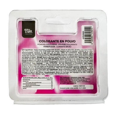 Embalagem de pó colorante rosa com texto e código de barras
