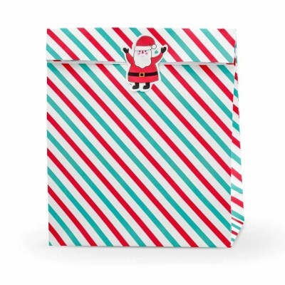 Saco de presente quadrado com padrão diagonal vermelho, verde e branco e etiqueta de Pai Natal