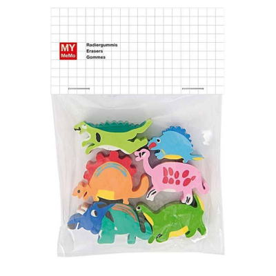 Pacote plástico com borrachas coloridas em forma de dinossauros e marca MY MeMo