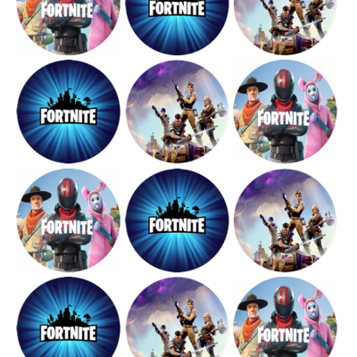 Gráficos redondos do videojogo Fortnite, personagens e logótipo em fundo azul e céu. 