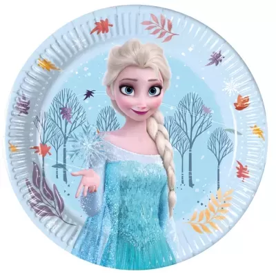 Prato de papel azul com desenho da Elsa do Frozen e folhas coloridas