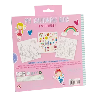 Livro de colorir e autocolantes com capa rosa e desenhos infantis para colorir